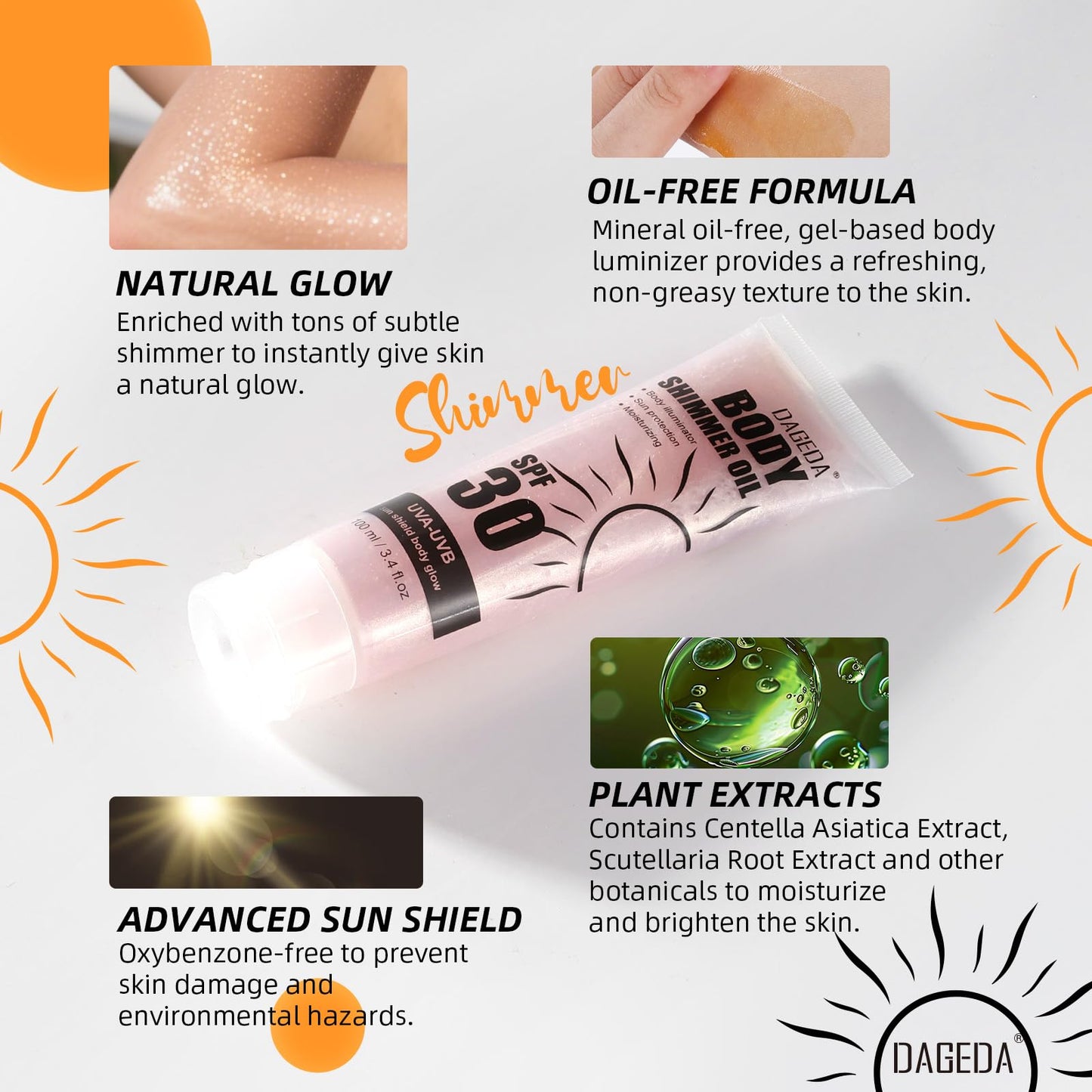 DAGEDA Body Glow Oil, SPF 30 Broad Spectrum Glitter Sunscreen, Lightweight, Non-sticky Sunscreen Body Shimmer, Sun Protection wi