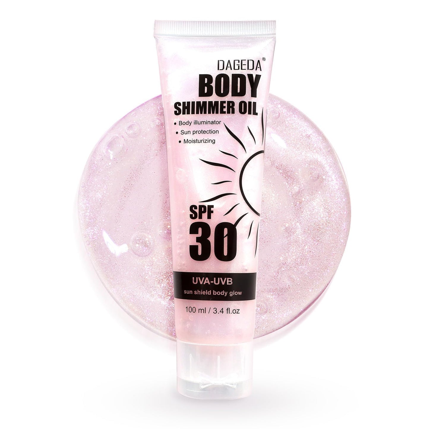 DAGEDA Body Glow Oil, SPF 30 Broad Spectrum Glitter Sunscreen, Lightweight, Non-sticky Sunscreen Body Shimmer, Sun Protection wi
