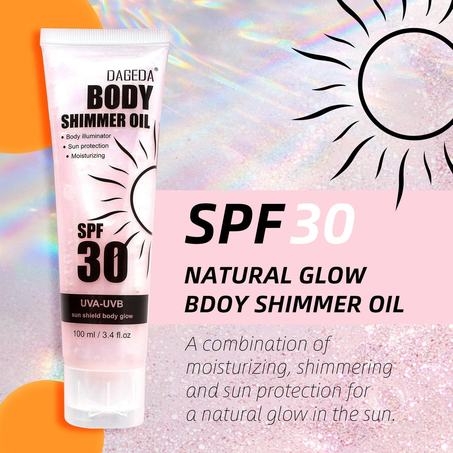 DAGEDA Body Glow Oil, SPF 30 Broad Spectrum Glitter Sunscreen, Lightweight, Non-sticky Sunscreen Body Shimmer, Sun Protection wi
